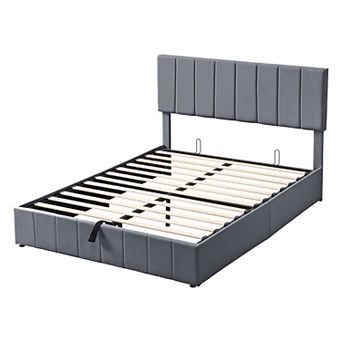 Heybly Full/Queen Upholstered Platform Bed with Hydraulic Storage,Linen Headboard and Wood Slat
