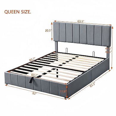 Heybly Full/Queen Upholstered Platform Bed with Hydraulic Storage,Linen Headboard and Wood Slat