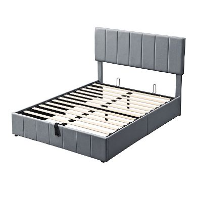 Heybly Full/Queen Upholstered Platform Bed with Hydraulic Storage,Linen Headboard and Wood Slat
