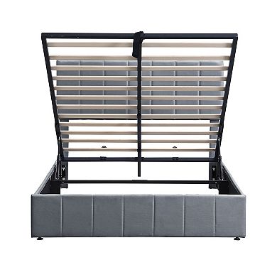 Heybly Full/Queen Upholstered Platform Bed with Hydraulic Storage,Linen Headboard and Wood Slat