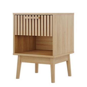 15.7"W Boho Nightstand, Small Side Table with Drawer and Open Shelf, Wood Strip Decorated Drawer