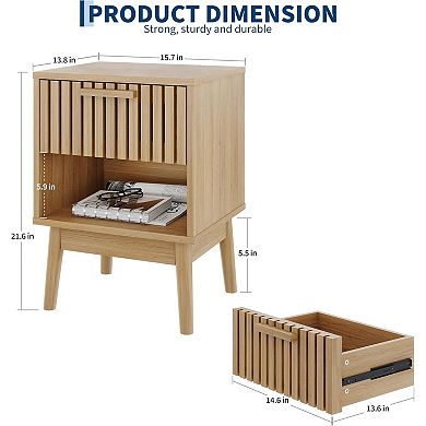 15.7"W Boho Nightstand, Small Side Table with Drawer and Open Shelf, Wood Strip Decorated Drawer