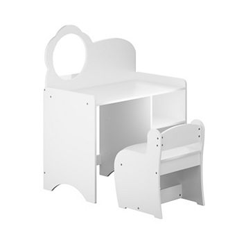 Kids Vanity Set with Mirror and Chair, Wooden Children's Makeup Table with Storage Shelf, White