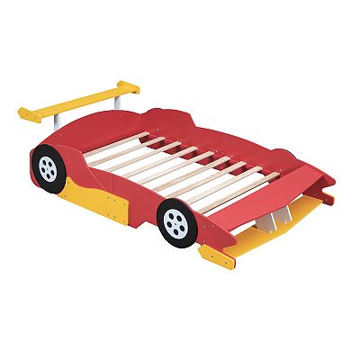 Heybly Full Size Race Car Platform Bed with Wheels and Safety Rails,Plywood and MDF Construction