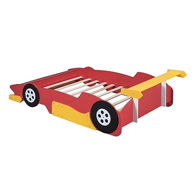 Heybly Full Size Race Car Platform Bed with Wheels and Safety Rails,Plywood and MDF Construction