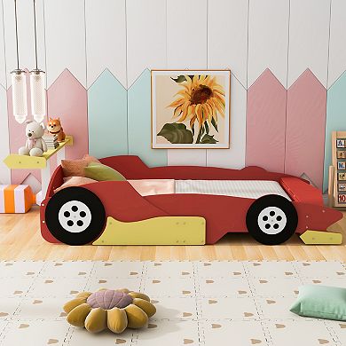 Heybly Full Size Race Car Platform Bed with Wheels and Safety Rails,Plywood and MDF Construction