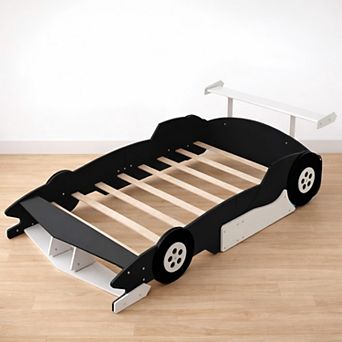 Heybly Full Size Race Car Platform Bed with Wheels and Safety Rails,Plywood and MDF Construction