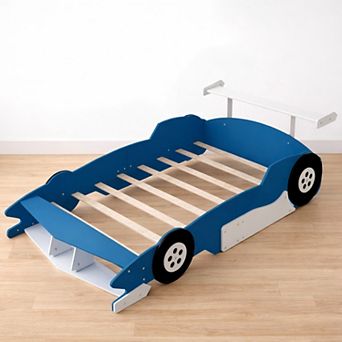 Heybly Full Size Race Car Platform Bed with Wheels and Safety Rails,Plywood and MDF Construction