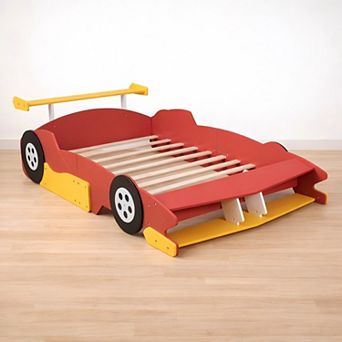 Heybly Full Size Race Car Platform Bed with Wheels and Safety Rails,Plywood and MDF Construction
