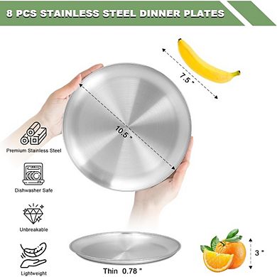 Zoulao 8-Pack 10-Inch Stainless Steel Plates, Lightweight Unbreakable, Dishwasher Safe.