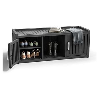 EFU 12 Pair Shoe Storage Cabinet, Waterproof Resin Entryway Bench with 2 Doors, Easy Assembly