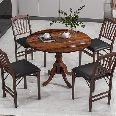 Round Wooden Dining Table with Solid Rubber Wood Trestle Base