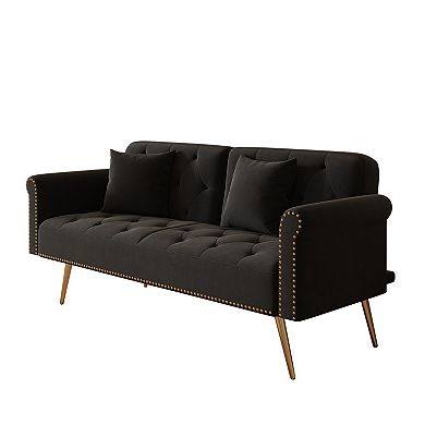 Heybly 69.7in Velvet Convertible Sleeper Sofa with Nailhead Trim,Pillows and Metal Legs
