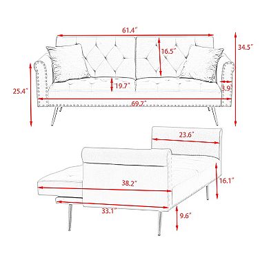 Heybly 69.7in Velvet Convertible Sleeper Sofa with Nailhead Trim,Pillows and Metal Legs