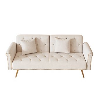 Heybly 69.7 in Velvet Convertible Sleeper Sofa with Nailhead Trim,Pillows and Metal Legs