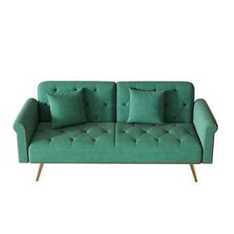 Heybly 69.7 in Velvet Convertible Sleeper Sofa with Nailhead Trim,Pillows and Metal Legs