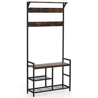 71 Inch Hall Tree With Shoe Bench, 9 Removable Hooks And 2 tier Shoe Rack