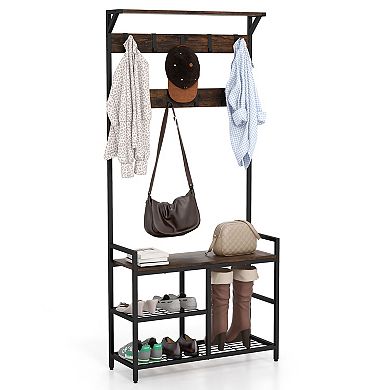 71 Inch Hall Tree With Shoe Bench, 9 Removable Hooks And 2 Tier Shoe Rack