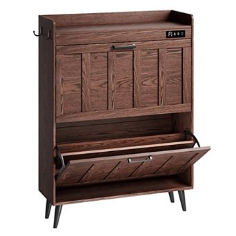 Shoe Storage Cabinet with 2 Flip Drawers Deodorizer Slim Entryway Shoe Rack Walnut Holds 16 Pairs