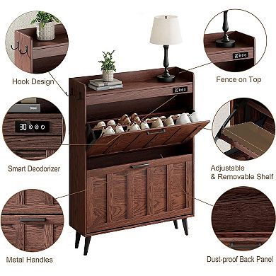 Shoe Storage Cabinet with 2 Flip Drawers Deodorizer Slim Entryway Shoe Rack Walnut Holds 16 Pairs