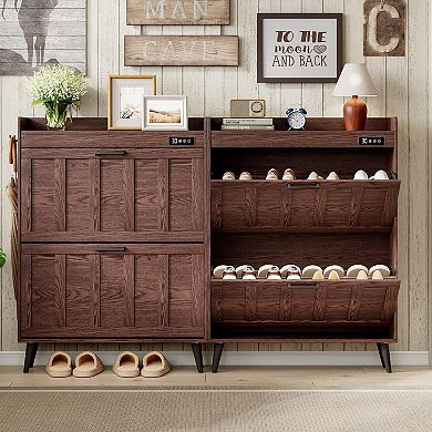 Shoe Storage Cabinet with 2 Flip Drawers Deodorizer Slim Entryway Shoe Rack Walnut Holds 16 Pairs
