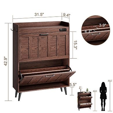 Shoe Storage Cabinet with 2 Flip Drawers Deodorizer Slim Entryway Shoe Rack Walnut Holds 16 Pairs