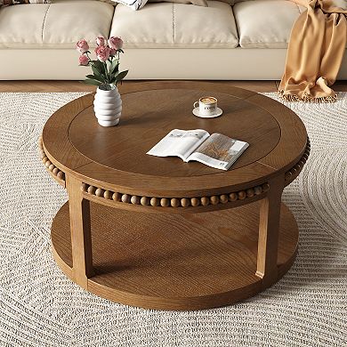 KWPZQEB American Rustic Round Coffee Table with Beaded Solid Wood Trim Edges