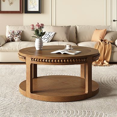 KWPZQEB American Rustic Round Coffee Table with Beaded Solid Wood Trim Edges