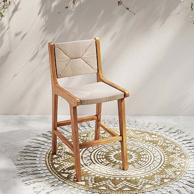 Paper Rope Bar Stool with Teak Wood Frame and Footrest