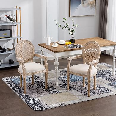 Beige French Vintage Upholstered Fabric Dining Armchair Set of 2
