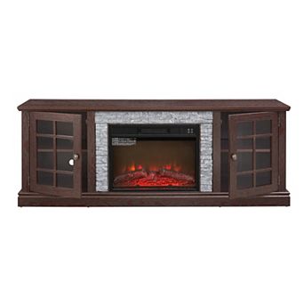 Trikiousd 70" Fireplace TV Stand with 2-Door Storage & Faux Stone for TVs Up to 75"