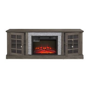 Trikiousd 70" Fireplace TV Stand with 2-Door Storage & Faux Stone for TVs Up to 75"