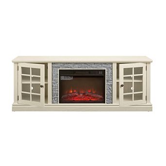 Trikiousd 70" Fireplace TV Stand with 2-Door Storage & Faux Stone for TVs Up to 75"