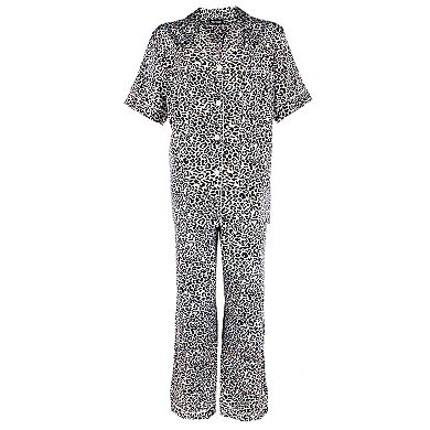 CTM Women's Plus Size Satin Leopard Print Pajama Set