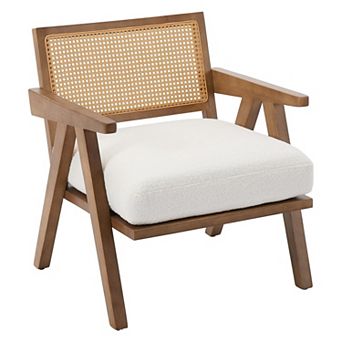 1 pc Mid-Century Accent Chair for Living Room,Rattan Backrest & Linen Cushion Wood Armchair