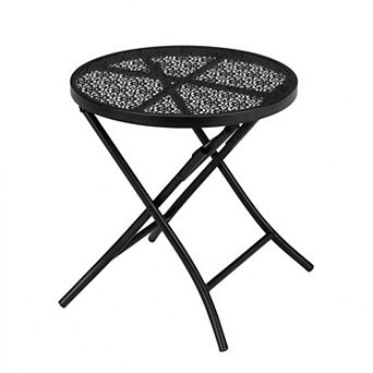 Folding Metal Patio Side Table with Decorative Flower Cutout Top