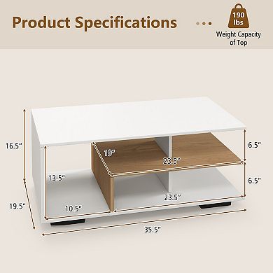 Rectangular Coffee Table With 3 Tier Storage Shelf For Living Room