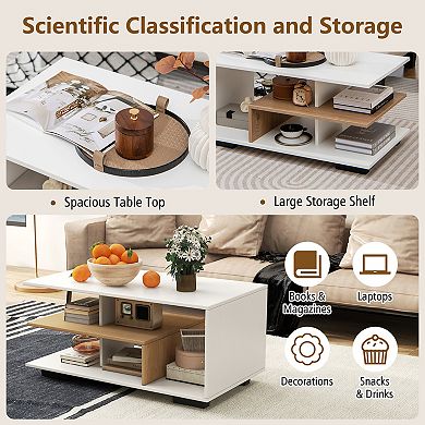 Rectangular Coffee Table With 3 Tier Storage Shelf For Living Room