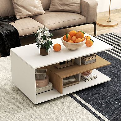 Rectangular Coffee Table With 3 Tier Storage Shelf For Living Room
