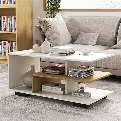 Rectangular Coffee Table With 3 Tier Storage Shelf For Living Room