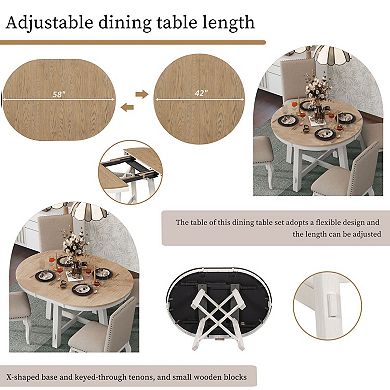 Round to Oval Extendable Dining Table with Insert Leaf, Seats Up to 6