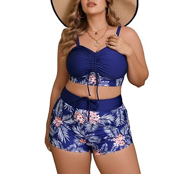 Women's 2 pc Tankini Set - Ruched Drawstring Top & Tropical Print High-Waisted