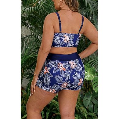 Women's 2-Piece Tankini Set - Ruched Drawstring Top & Tropical Print High-Waisted
