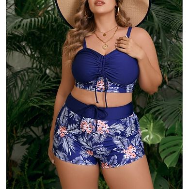 Women's 2-Piece Tankini Set - Ruched Drawstring Top & Tropical Print High-Waisted
