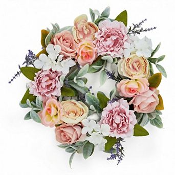 Peony Wreath 20" Spring Wreaths for Front Door, Artificial Floral Wreath with for Wall Home Wedding