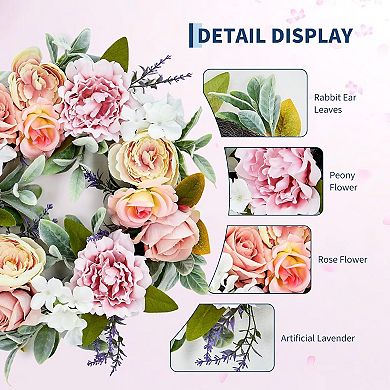 Peony Wreath 20" Spring Wreaths for Front Door, Artificial Floral Wreath with for Wall Home Wedding