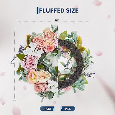 Peony Wreath 20" Spring Wreaths for Front Door, Artificial Floral Wreath with for Wall Home Wedding