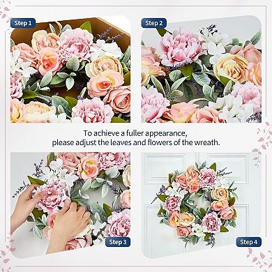 Peony Wreath 20" Spring Wreaths for Front Door, Artificial Floral Wreath with for Wall Home Wedding