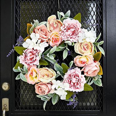Peony Wreath 20" Spring Wreaths for Front Door, Artificial Floral Wreath with for Wall Home Wedding