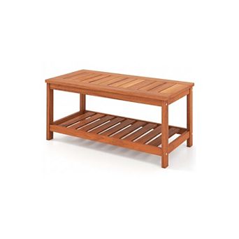 2 tier Outdoor Coffee Table with Storage Shelf Solid Wood Patio Table